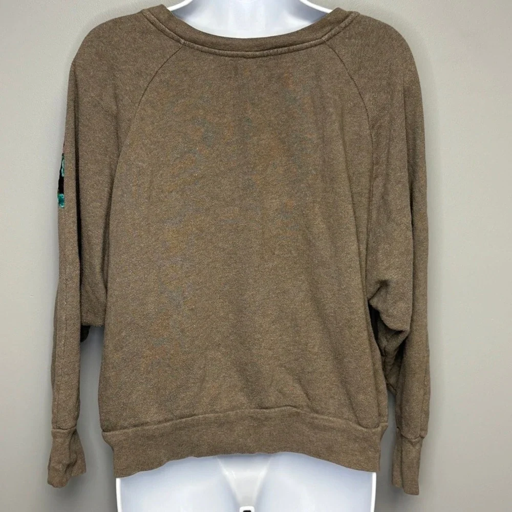 Free People Floral Lace Inset Grey Cropped Relaxed Fit Sweatshirt Womens Sz S